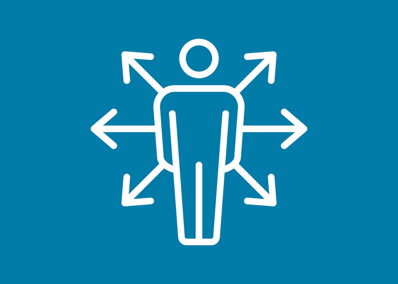 White icon of person with arrows coming out from behind on a mid-tone blue background