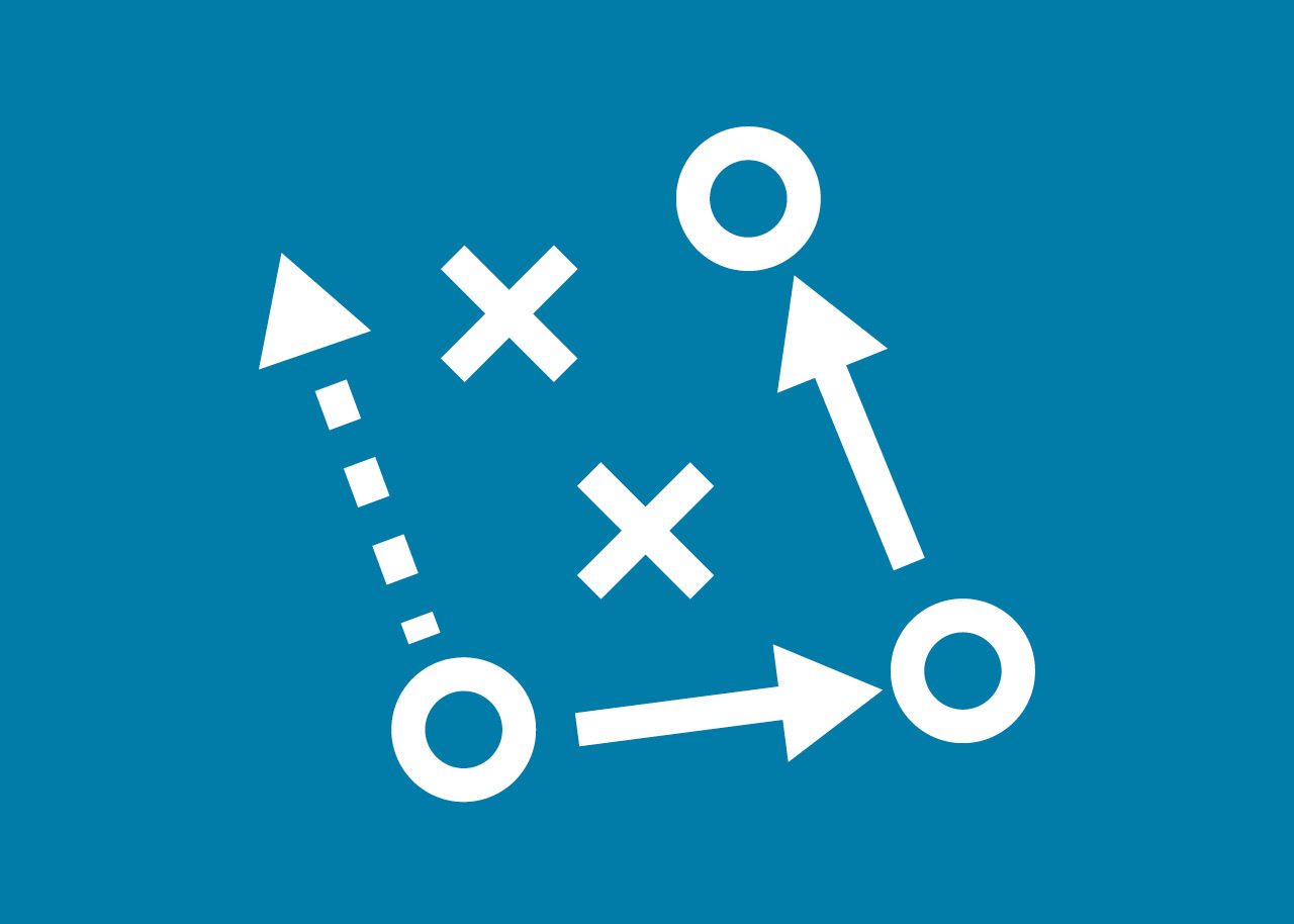 White strategy plan icon of Xs and Os on mid-tone blue background