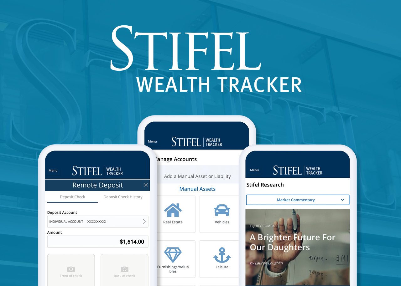 Stifel Wealth Tracker logo with mockup screen grabs of the app