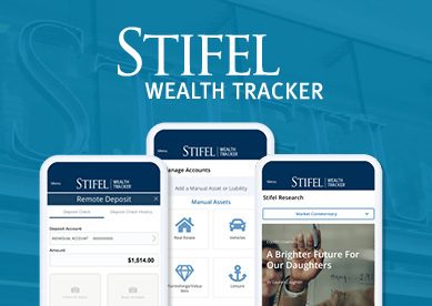 Stifel Wealth Tracker logo with mockup screen grabs of the app